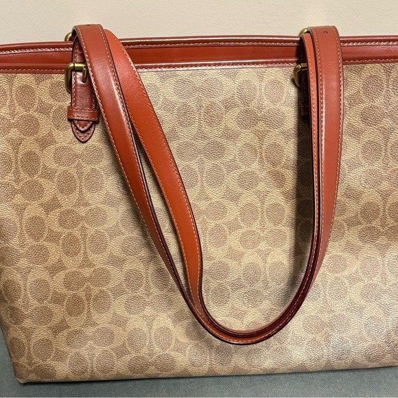 Coach Gallery Tote Signature Canvas Khaki Saddle Laptop Bag - Picture 2 of 5